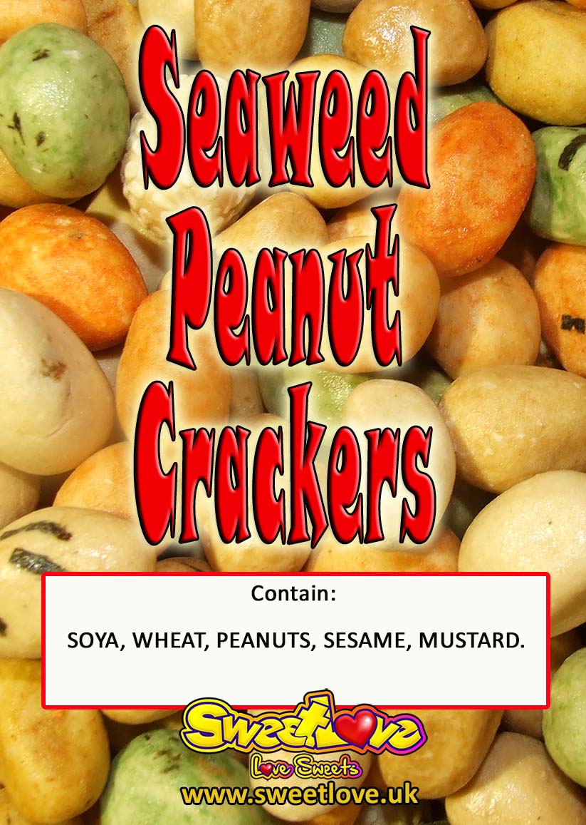 Vending label for Seaweed Peanut Crackers.